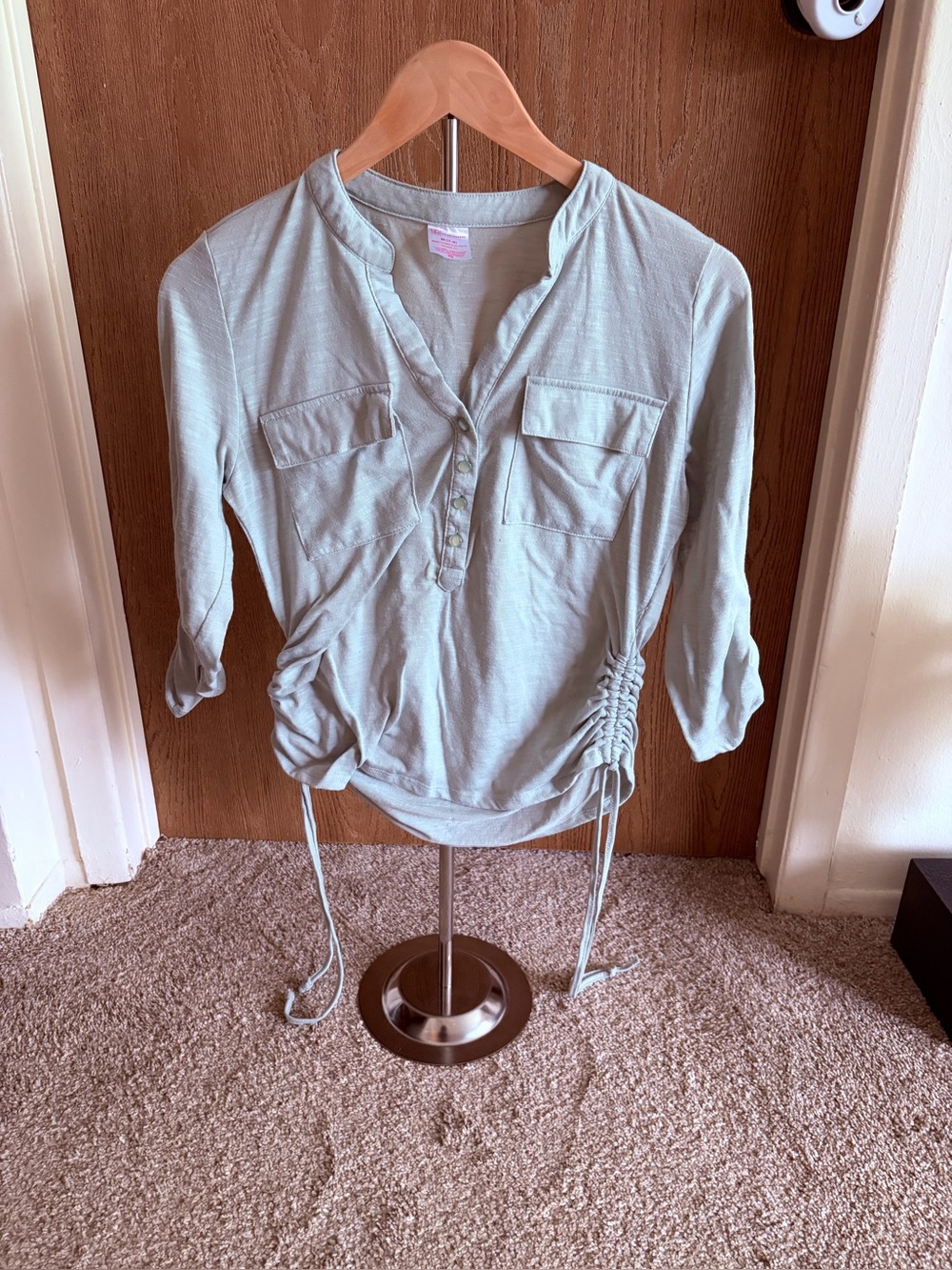 Women’s Light Mint Green Henley Top with Side Drawstrings